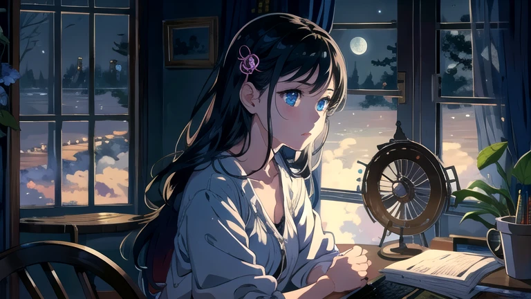 Create an illustration of a girl with black hair and blue eyes, sitting in a chair in front of a desk, Sentimental, Introspective look。, The moonlight gently shines into the room, Gently illuminate the space, Curtains sway in the wind, Increase tranquility, Dark mood, Emphasise the theme of loneliness, silence, And the depths of night, The room is dark、dimly lit by the moonlight