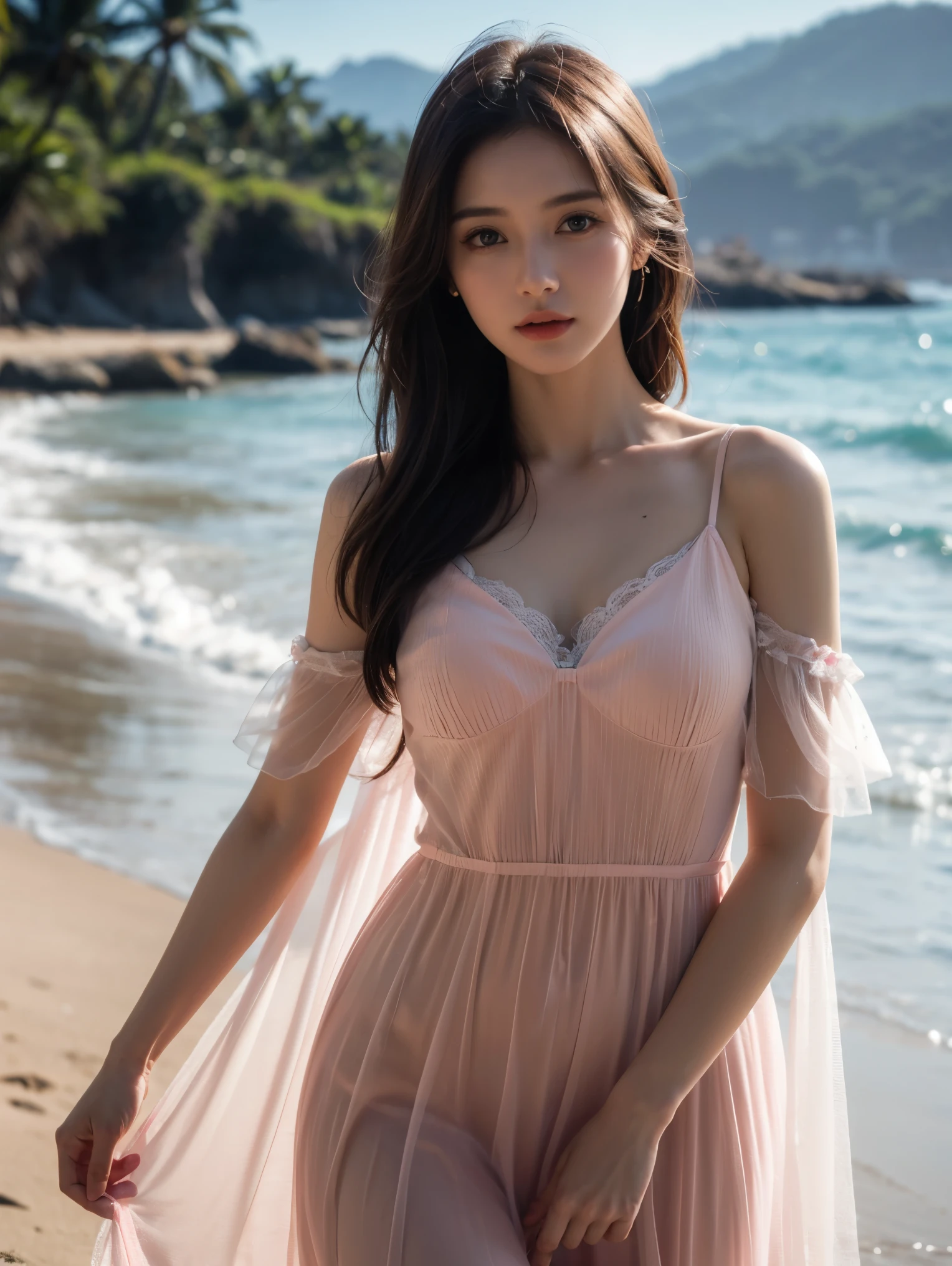 1 Girl,seaside,Soft Light,Chinese Beauty,Slip nightdress
