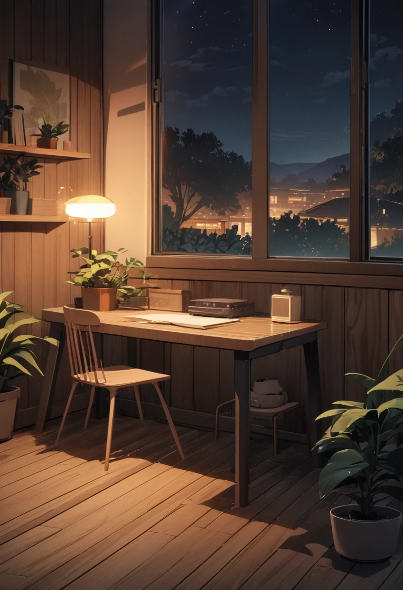 (masterpiece:1.2), best quality,pixiv,Warm animated scenes, landscape, No humans, plant, Wooden floor, ,Competent, tCompetent,, night,, indoors, potted plant, Chair,  fan,梦境night