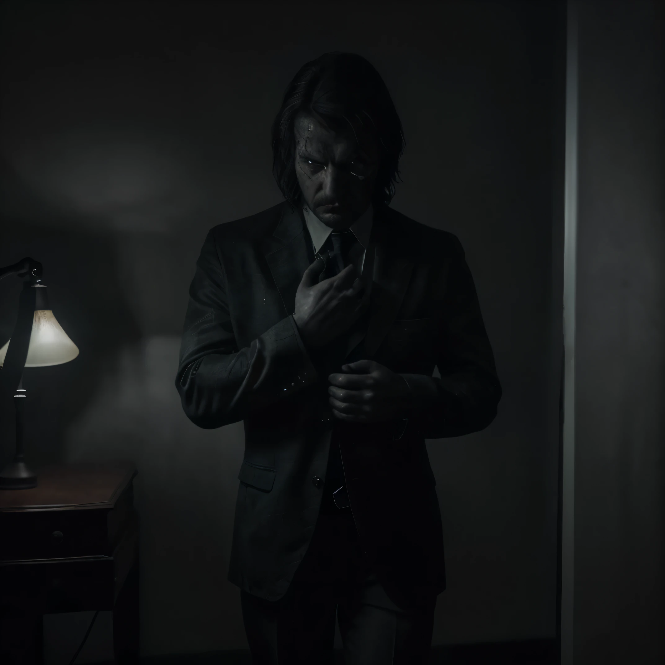 a man in a suit conducting an interrogation in a dimly lit room illuminated only by a lamp,illustration,detailed interrogation scene,intriguing atmosphere,high-quality image,realistic lighting,eerie shadows,serious expression,sharp focus,tense atmosphere,cold hues,dramatic composition,professional artwork,crime noir style,forensic setting,interrogation table,one-way mirror,creepy ambience,foreboding mood,psychological thriller vibes,subtle facial expressions,meticulous details,mystery theme,forensic expert assistant