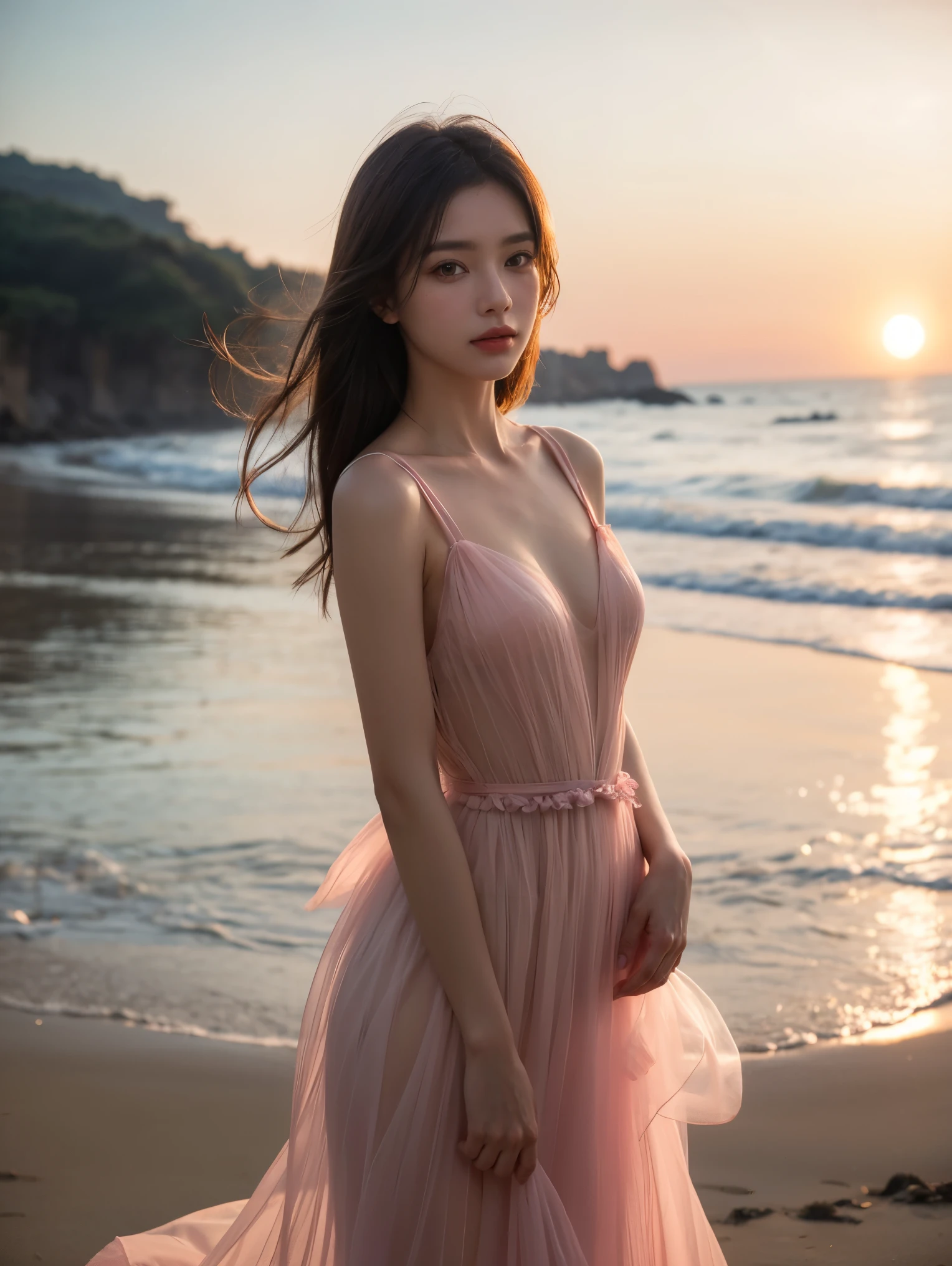 1 woman, (looking at viewer:1.2), detail face, (standing girl, Lending on cgsociety, beach background), romanticism, atmosphere, (RAW photos, best quality), (realistic, photo-realistic:1.3), masterpiece, very delicate and beautiful, very detailed, d cup，class photo，（Wearing a translucent pink tulle dress1.5）