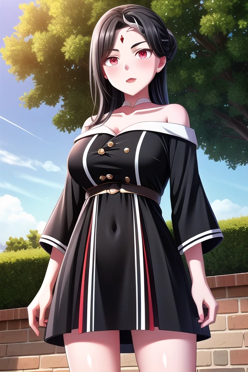 mature tall girl, black hair, maintain original hairstyle, red jewel on forehead, clear red eyes, clean face, shiny face, shiny body, wearing her original dress, standing outdoors, cowboy shot