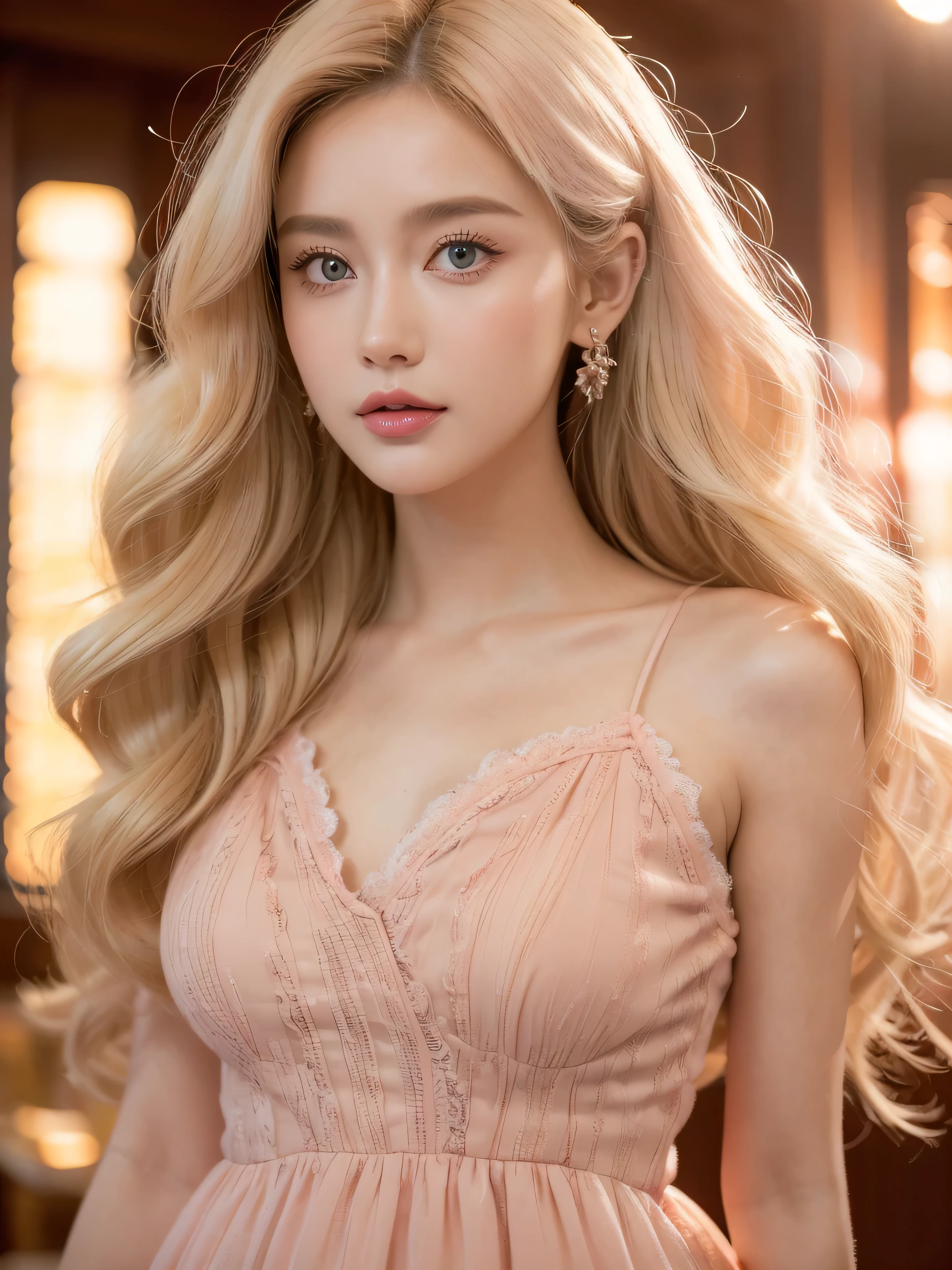 (close up of a beautiful 28 year old girl in a light pink vintage dress), movie stock photos, camera f1. 6, saturated colors, Vibrant, lifelike textures, Impressive classic lighting, Modern style, sexy full body photo, Evening, Curly hair has just been dyed light blonde