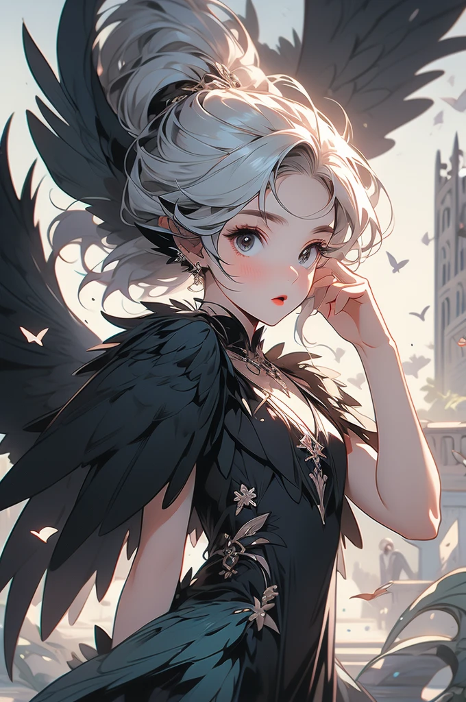 anime Fairy magic City monochrome romantic Calm Retro Style Elegant and detailed feather design Vintage Dresses accessories Light effects Gothic goddess Silver Hair