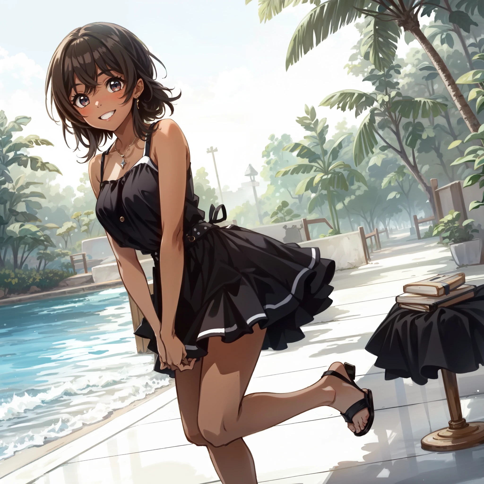 -yeld gi(Dark Skin)、Brown skin、Happiness、with their eyes shining brightly、cute、Black Diamond、Standing with your legs apart、Long legini skirt、Wearing sandals、Stand tall、pose、Proud、Nosy Girlfriend、Sunshade in hand、Swimsuit with skirt、On the beach、The sun is dazzling、A radiant smile