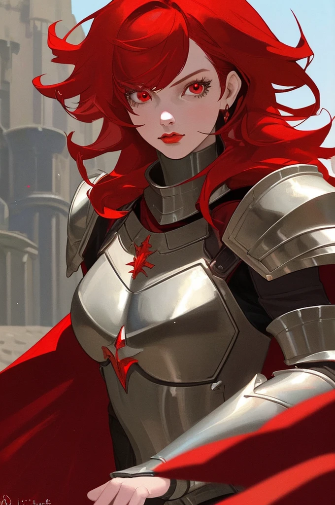 A girl in her twenties with red hair and red eyes wearing a female armor with a red cape in a castle as a close up face shot