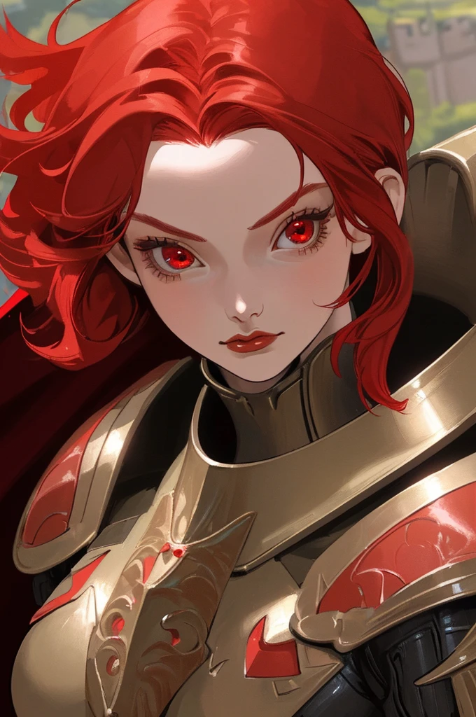 A girl in her twenties with red hair and red eyes wearing a female armor with a red cape  in a castle as a close up face shot
