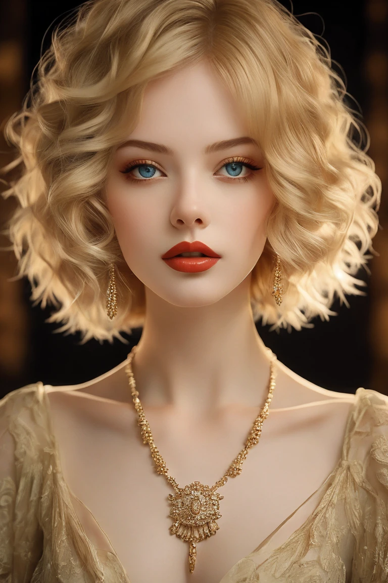 (masterpiece, best quality:1.2),bellissima, realistic, xcharleston style, 1girl, solo, hip, blue eyes, blonde hair, hair ornament, dress, jewelry, necklace, bracelet, lips, makeup, ring, feathers, lipstick, gem, curly hair, realistic, feather hair ornament, pearl necklace, pearl (gemstone)