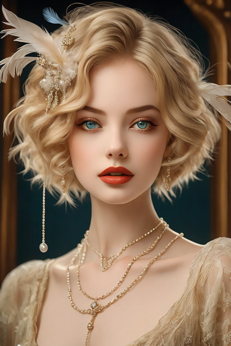 (masterpiece, best quality:1.2),bellissima, realistic, xcharleston style, 1girl, solo, hip, blue eyes, blonde hair, hair ornament, dress, jewelry, necklace, bracelet, lips, makeup, ring, feathers, lipstick, gem, curly hair, realistic, feather hair ornament, pearl necklace, pearl (gemstone)