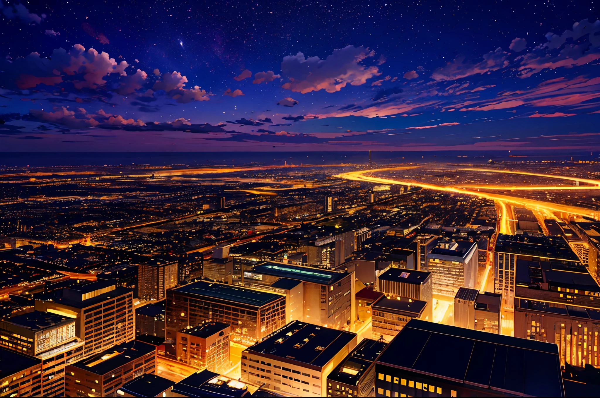Sky Sky,star(Sky Sky),landscape,star空,night,night空,solo,Exterior,building,cloud,Galactic,wood,city,silhouette,City view、Cyber City