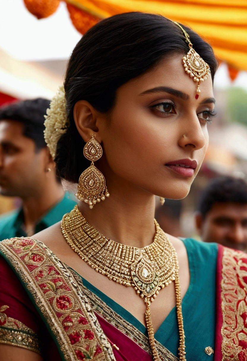 A close-up from an over-the-shoulder angle of an Indian model wearing an elaborate gold necklace and earrings, paired with a richly embroidered saree. The background features a soft-focus image of a traditional Indian market, adding a dynamic cultural element to the composition. The image is photorealistic, hyper-realistic digital, high quality, 8K Ultra HD.
