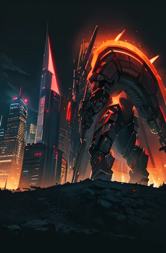 MECA,robot,droid,holding_assault rifle,giant,city,masterpiece,best quality,super detailed,super fine illustration,battle scene,ARMORED CORE,red,キャノン砲,dynamic angle