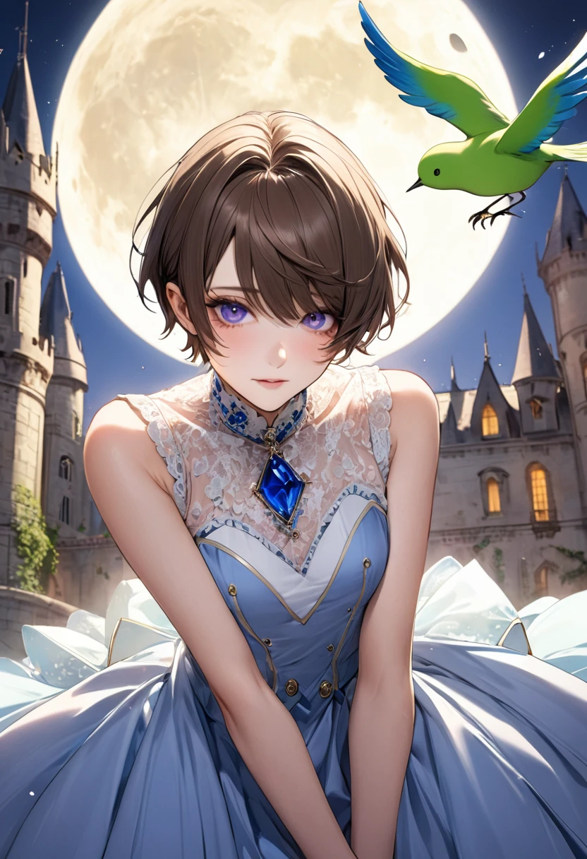 1 male Brown short hair Bangs that hide the eyes Purple eyes Socialite debut White and blue dress Inside the castle full moon A thin green bird