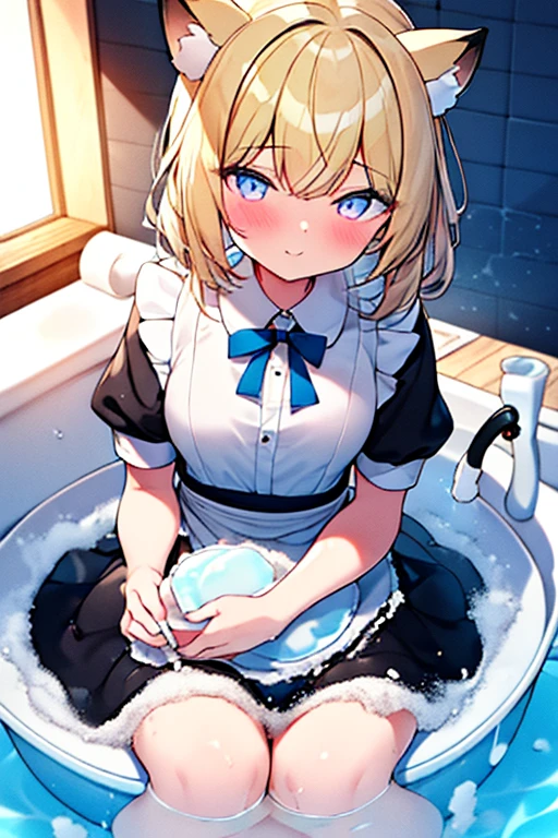 (Ultra high quality:1.6), (Highest quality:1.6), (Attention to detail:1.6), (Ultra-high resolution:1.6), (Detailed face:1.6), (Perfect Face:1,6), (Beautiful Eyes:1,6), (Detailed eyes:1.6), (Maid clothes, White apron, Headband, Black Dress, Blue ribbon, Maid clothes, Classic, Small breasts, Long:1.4), (白と黒のMaid clothes:1.6), (Blonde, Blue Eyes, Cat ear:1.5), cute, The best smile, Soaking wet, (Water droplets all over the body:1.4), (Covered in white foam:1.6), (Swimming in clothes, bathing, Bathroom, Longの浴槽:1.6), (relax, Relax in the bathtub:1.6), (Bubble bath:1.6), (Bathtub full of bubbles:1.6), (Maid clothesのまま浴槽へ:1.4), White foam on clothes, (Soak in deep water:1.6), (Deep hot water:1.4), (Wash your body with your clothes on:1,4), (shampoo, Body Soap, sponge:1.2), 