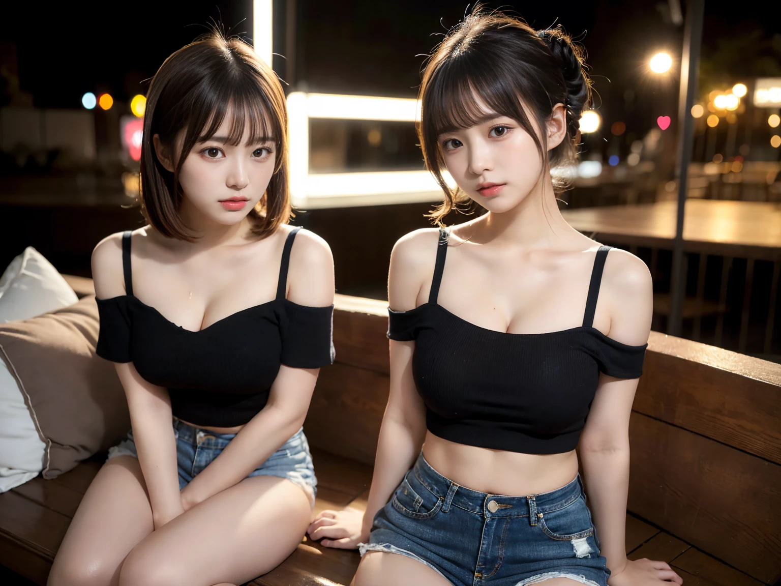 masterpiece, highest quality, figure, Super detailed, small details, High resolution, 8k,wallpaper, Perfect dynamic composition,(Detailed high quality, realistic depiction of eyes:1.3), 2 girls, Off-the-shoulder T-shirt and denim mini shorts, short bob hair, black hair color, big natural color lip, bold sexy pose, (perfect body shape), crying a little、harajuku style、20 year old girl、cute type、****ta、beautiful feet, night club, Burning idol pose, plump thighs, after sex,(heart:1.3), Sweat