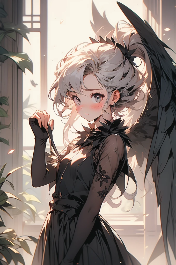 1girl, harpy, black wings, confused, silly, small, cute, blushing, bowing