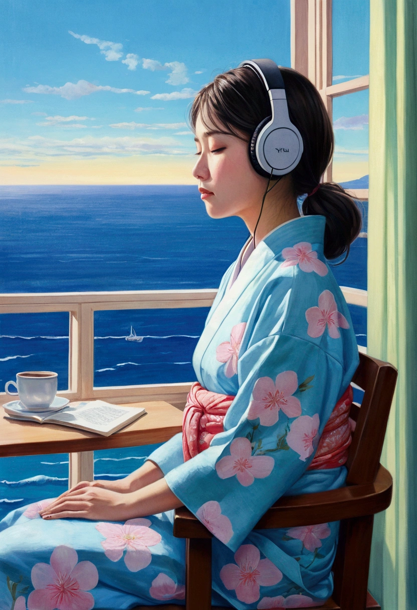 Portrait、512、Lo-Fi、Girl sitting on a chair wearing headphones、yukata、Take a nap at your desk、close your eyes、Ocean view outside the window、evening、pastel colour、Painting