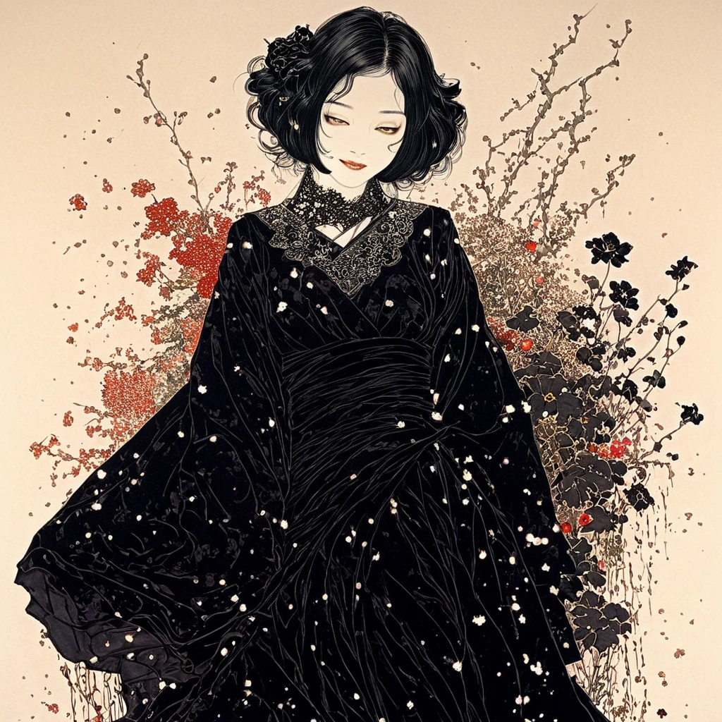 line art、Virgem、Splattered、crazy grin、falling flowers、Takato Yamamoto style、black gown