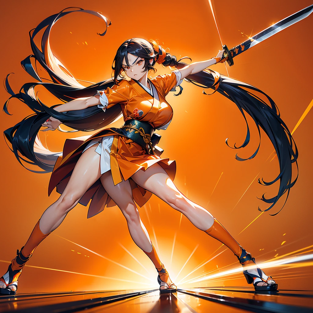 moving composition、((Perspective Lens, Woman with long hair,  Dynamic poses with serious and mean expressions, Swinging something large with both hands, Long Japanese sword )) ((Pure Orange Background:1.2)),Anime Style、Detailed eyes、Perfectly toned body、she&#39;Early 20s,Shooting on the move,sheの長い編み髪が揺れる. sheの衣装は蝶を思わせる,Black and yellow color palette,Playful.,Neon color line fractal art、