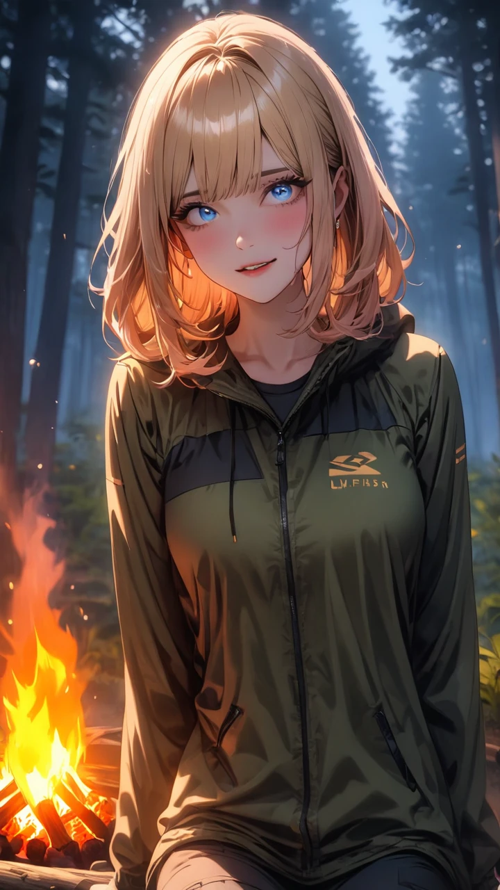 highest quality, masterpiece, best quality, 1 girl, solo,
BREAK
dramatic lighting, glowing, glowneon, moonlight,
BREAK
Forest, bonfire , 
BREAK
 slime on under clothe, sitting on log, upper body 
BREAK
blue eyes, medium hair, blonde hair:1.5, straight hair, adventure clothes, 