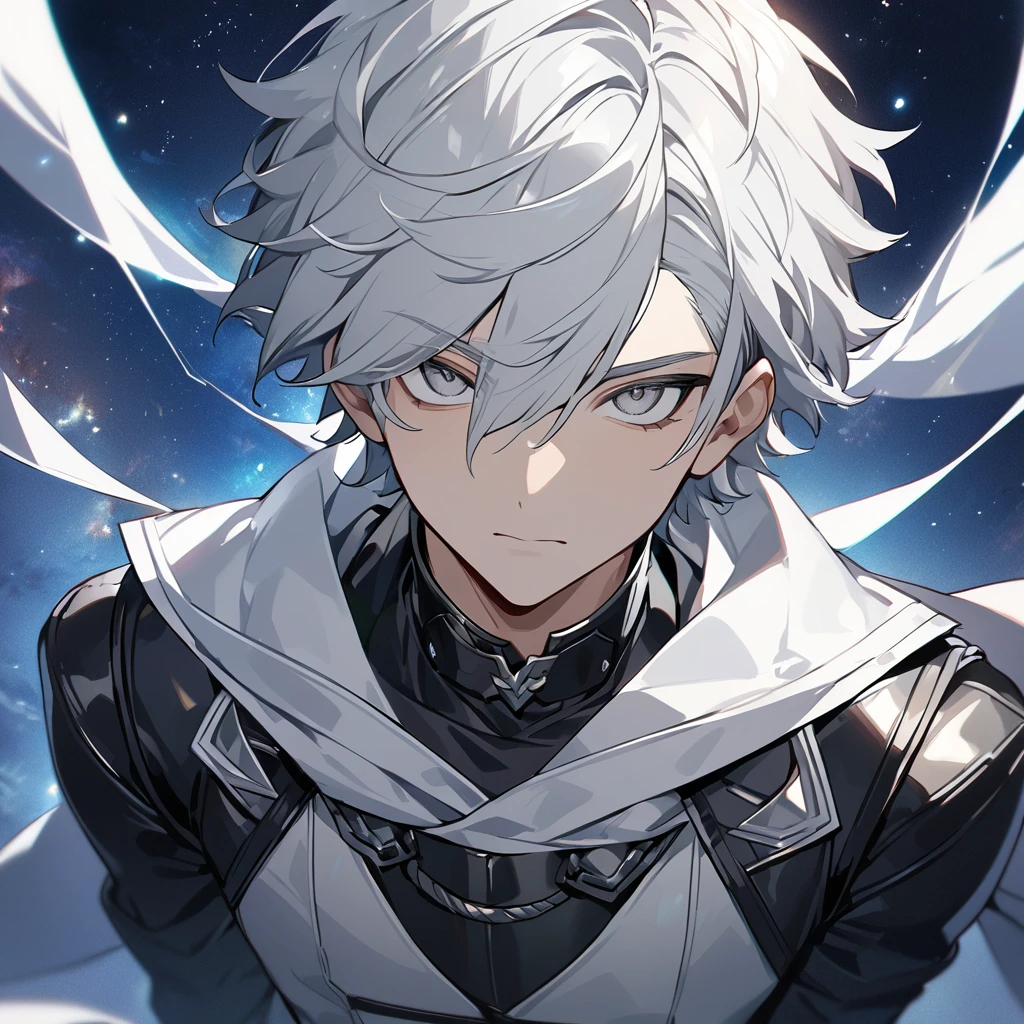 High quality, HD, 4k, no shadows, handsome male, 1male, 17 years old, teenager, short white hair, sharp eyes, grey colored eyes, deep grey eyes, grey eyes, devil may cry, close up, calm expression, stoic expression, black leather clothes, white leather clothing, lean body, well trained body, upper body, looking at viewer, cowboy shot, white solar, space background