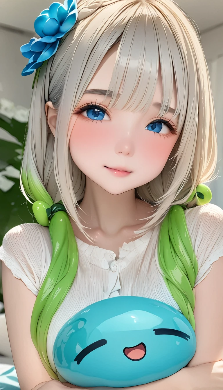 Highest quality、masterpiece、Ultra-high resolution、Very detailed、8k、monster、Slime、Slime娘、かわいいSlime娘、エメラルドグリーンのSlime、ターコイズブルーのSlime