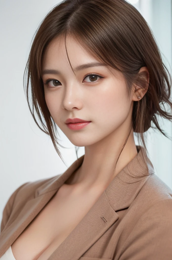 detailed highly detailed 8k cg unity masterpiece, highest quality illustration, High resolution, tabletop, wallpaper, realistic, bright lighting, professional lighting, face light, smooth lighting, Japanese woman, adult, Beautiful woman, was acted upon, gravure, sexy, poor, super beautiful, beautiful skin, beautiful and detailed eyes, detailed face, slim, medium breasts, short brown hair, brown eyes, look at the camera, check blazer, comprehensive, highest quality shadow, surreal, abyssal, beautiful luminous