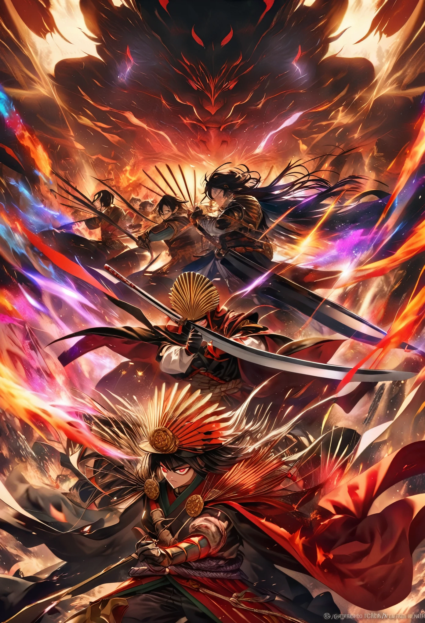 [The characters from Demon Slayer are battling alongside Oda Nobunaga in a fantastical world, arranged diagonally. Vibrant colors and mystical light envelop them, depicting a grand battle scene. Nobunaga's armored figure dances in the wind as the swordsmen of the Demon Slayer Corps confront the power of the demons. This captured moment is a fusion of the world of Demon Slayer and the historical presence of Oda Nobunaga, creating a fantastical spectacle.]

English image generation prompt:

Create an image where the characters from Demon Slayer are engaged in a majestic battle alongside Oda Nobunaga in a fantastical world. The characters should be arranged diagonally, with vibrant colors and a mysterious glow surrounding them. Show Oda Nobunaga in his armor, gracefully moving in the wind. The swordsmen of the Demon Slayer Corps should be depicted bravely facing off against the power of the demons. Capture the intensity and grandeur of the battle scene. Use vivid colors and ethereal lighting to convey a sense of fantasy and mystique.
