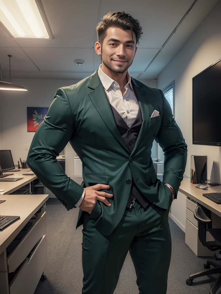 (Highest quality:1.5), (masterpiece:1.5), (8k:1.5), (Luxurious office:1.1), male, (business suit:1.1), Age 35, (Asian people:1.1), (Huge body:1.2), Are standing, Showing her side, smile
