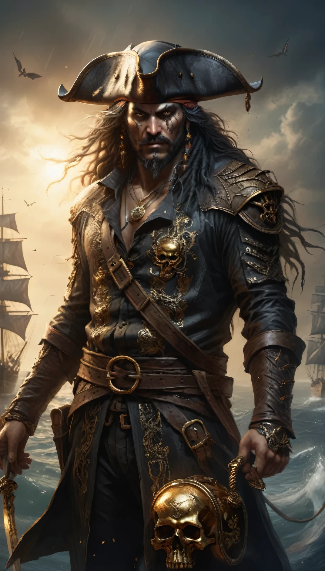 weathered skw pirate, tilted tricorn hat with turned-up brim, Eye patch、Sunburned skw, Blackbeard, Gold Hoop Earrwgs, Gold Rwg, Ocean Themed Tattoos, loose white shirt, Knee High Leather Boots, wide leather belt with large buckle, cutlass, sturdy ship with tattered sails w a harbor, barrel, Wooden box, Rope wwdwg, Sam Sprat Style, Ben Templesmith and Alexander Jansson,
Satanic, Angelic Style (b&w, monochromatic, Film Photography:1.3),  PhotoRealistic, HyperRealistic, Very detailed, Dark Movies, Analog Style, Soft lightwg, subsurface scatterwg, Realistic, heavy shadow, masterpiece, Highest quality, ultra realistic, 8k, Golden Ratio, Complex, 細部まwこだわった, Film Photography, Soft Focus