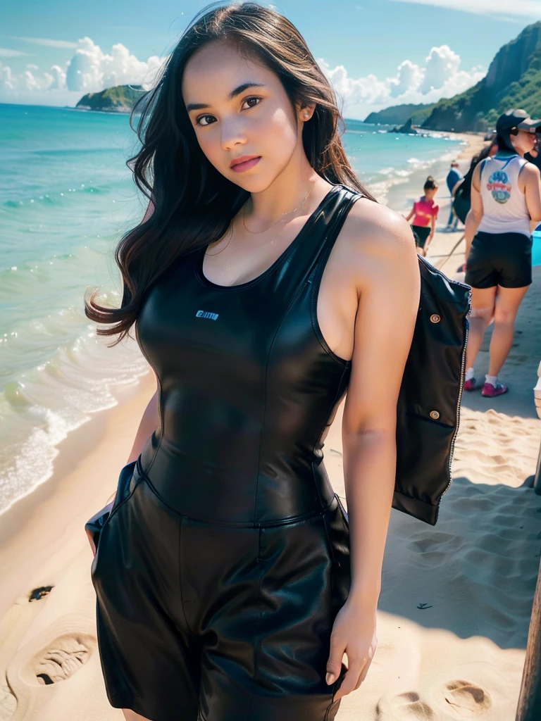 1girl, solo, (uniform), standing, at the beach,  beautifully ocean scenery, detailed face, cute face, detailed eyes, thick breasts, smooth realistic skin, black tight latex tanktop, black latex hot pants, looking at the audience, low angle shot,(8k, RAW photo, best quality, masterpiece: 1.2), (realistic, realistic: 1.37), ultra-high resolution