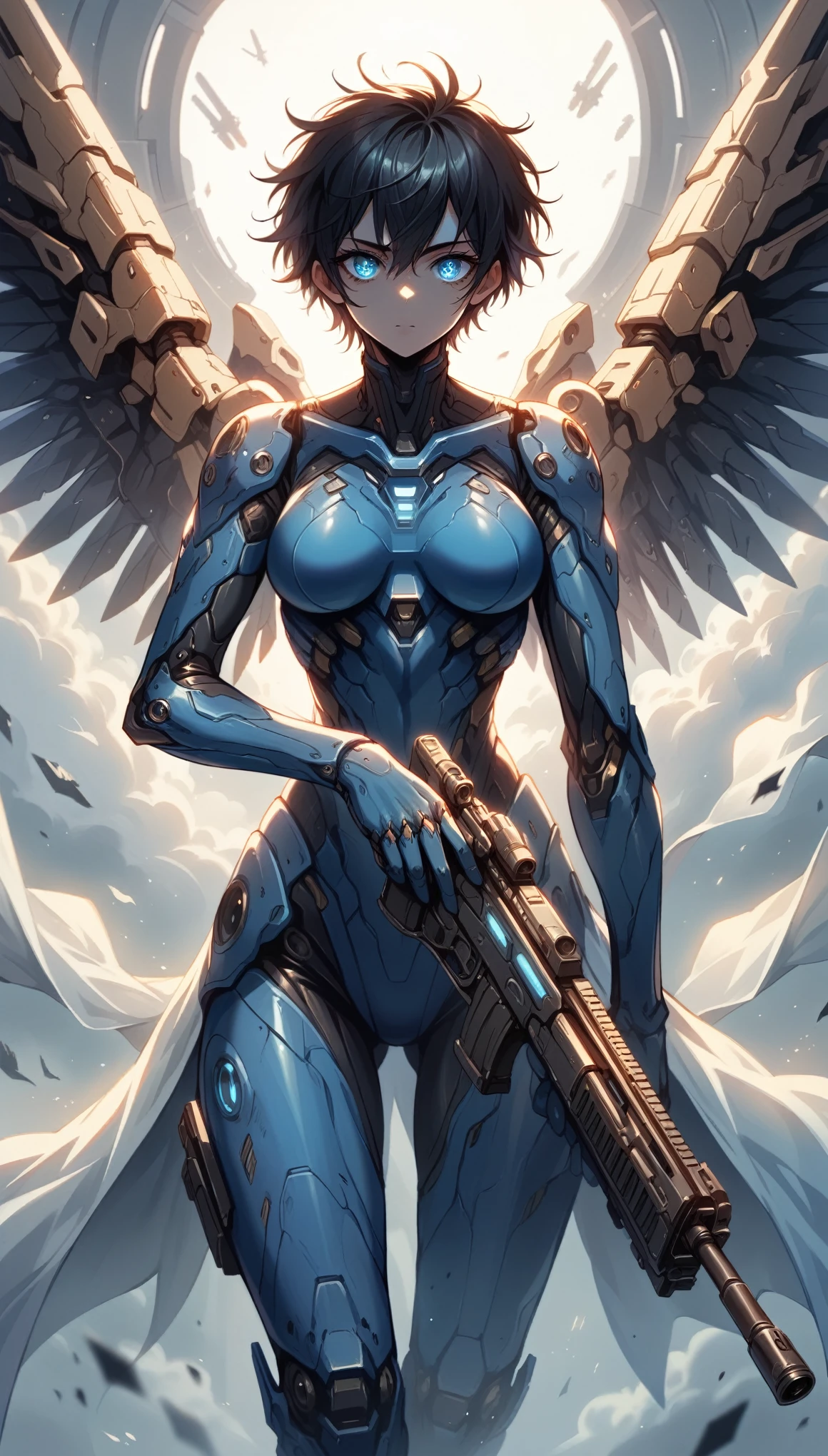 black hair, messy hair, short hair, atmospheric perspective, 8k, super detail, best quality, cinematic lighting, masterpiece, Mechanical body, blue steel body parts, large wings growing from its back, detailed face, detailed eyes, anime style, Her thighs are exposed and showing skin, rifle, Hold the rifle and aim, science fiction, Futuristic combat android, Beautiful woman