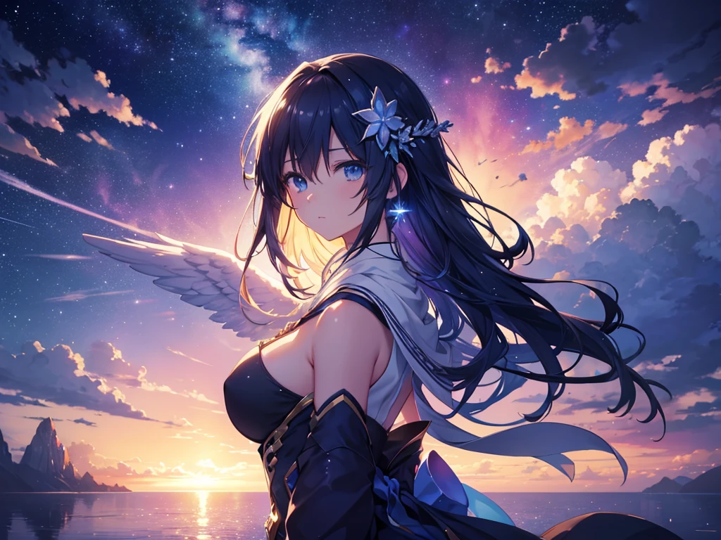 1 girl, eye, close, Beautiful night sky, Meteors, Beyond the Clouds, Surrounded by water, reflection, Wide Angel, Breathtakingly beautiful clouds, Wide-angle, by makoto shinkai, Thomas Kinkade, James Gillard, From holosomnialandscape, High resolution, Volumetric lighting, Ray Tracing, Complex, Attention to detail, Very detailed, Deviant Art, 4K portrait wallpaper,, colorful, Airy, Anime illustration, anime nature wallpapers