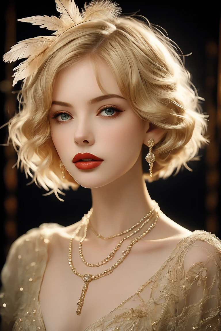 (masterpiece, best quality:1.2),bellissima, realistic, xcharleston style, 1girl, solo, hip, blue eyes, blonde hair, hair ornament, dress, jewelry, necklace, bracelet, lips, makeup, ring, feathers, lipstick, gem, curly hair, realistic, feather hair ornament, pearl necklace, pearl (gemstone)