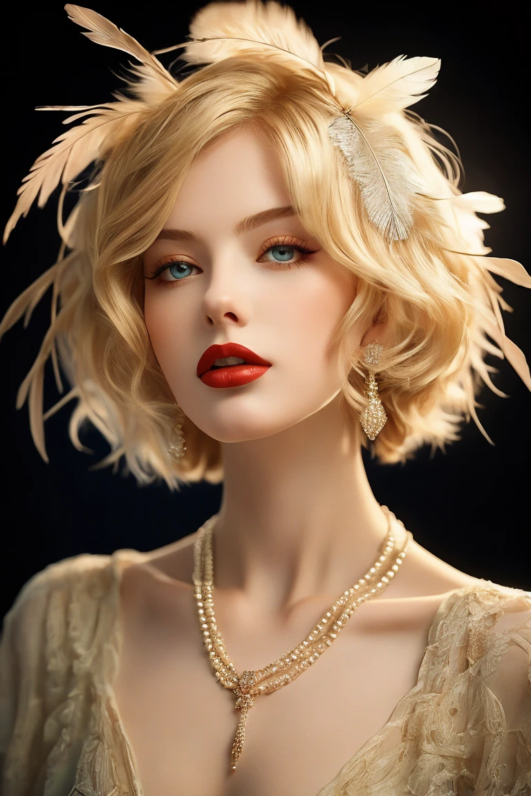 (masterpiece, best quality:1.2),bellissima, realistic, xcharleston style, 1girl, solo, hip, blue eyes, blonde hair, hair ornament, dress, jewelry, necklace, bracelet, lips, makeup, ring, feathers, lipstick, gem, curly hair, realistic, feather hair ornament, pearl necklace, pearl (gemstone)