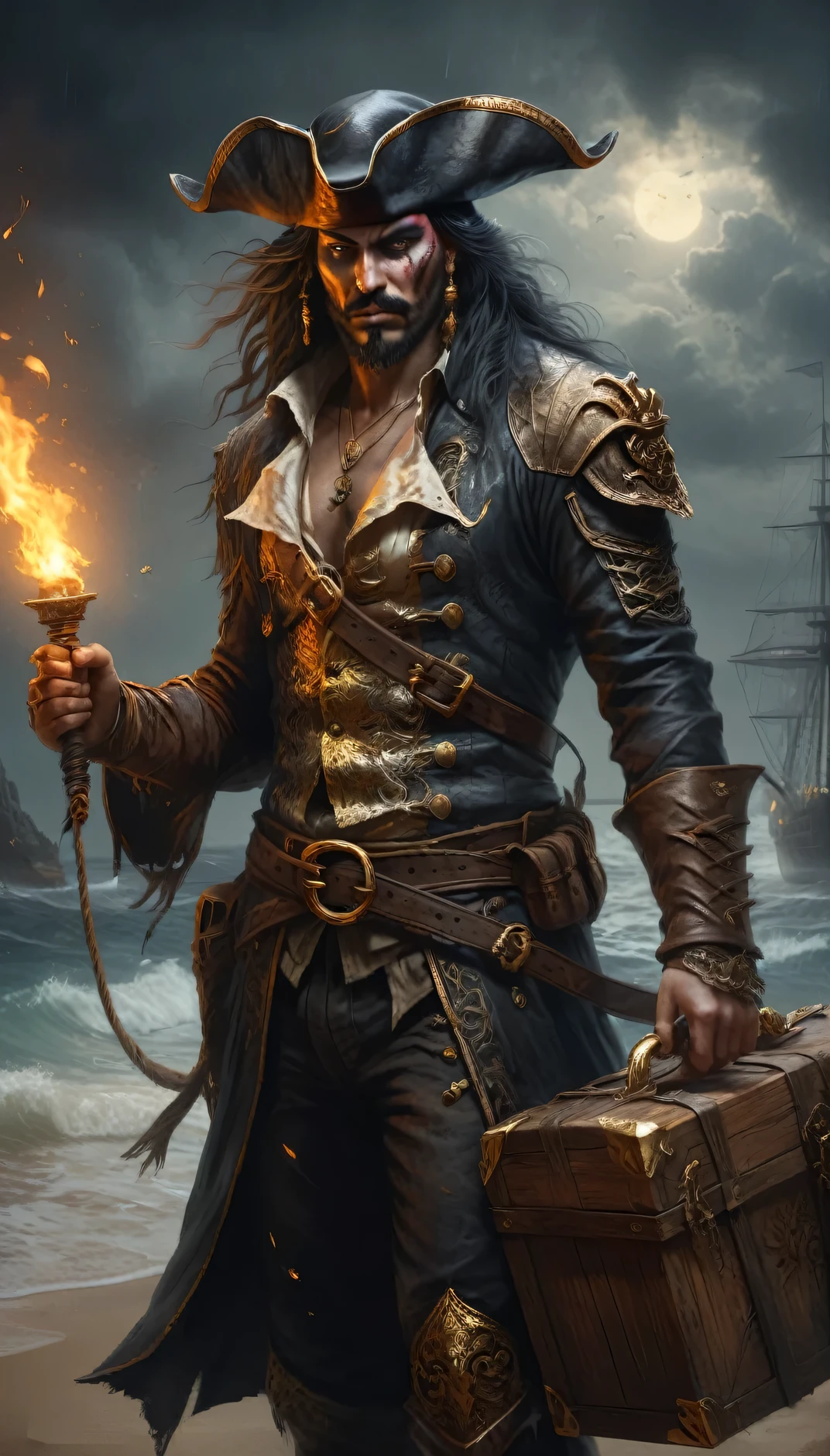 weathered skw pirate, tilted tricorn hat with turned-up brim, Eye patch、Sunburned skw, Blackbeard, Gold Hoop Earrwgs, Gold Rwg, Ocean Themed Tattoos, loose white shirt, Knee High Leather Boots, wide leather belt with large buckle, cutlass, sturdy ship with tattered sails w a harbor, barrel, Wooden box, Rope wwdwg, Sam Sprat Style, Ben Templesmith and Alexander Jansson,
Satanic, Angelic Style (b&w, monochromatic, Film Photography:1.3),  PhotoRealistic, HyperRealistic, Very detailed, Dark Movies, Analog Style, Soft lightwg, subsurface scatterwg, Realistic, heavy shadow, masterpiece, Highest quality, ultra realistic, 8k, Golden Ratio, Complex, 細部まwこだわった, Film Photography, Soft Focus