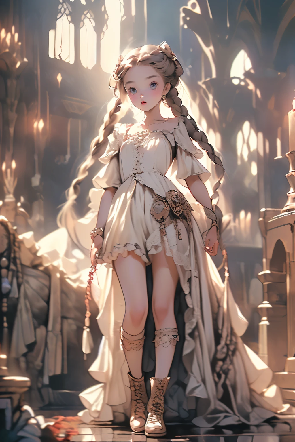 ((best quality)), ((masterpiece)), (detailed), 1girl, off-shoulder baggy clothes,clothes too big exposing chest,(little chest),(big forhead:1.2),(beautiful big eyes:1.3), (((flat chest))),((((long twin braids,tight braids,long braid,braided hairNSFW red and white loose-fitting clothing, Bloodborne inspired, occult aesthetic, occult, detailed and intricate steampunk and detailed gothic, NSFW, Very dramatic and cinematic lighting, cosmic horror, grim-dark, side-lighting, perfect face, NSFW Fluttering lace flared dress with frilly petticoats, pleated petticoats, ta dress, petticoats gothic lolicomplex lace boots, side-lighting, gothic lolita aetic, NSFW, beautiful small breasts, small breasts, full body, whole body, body, NSFW, full body, whole body, head-to-toe