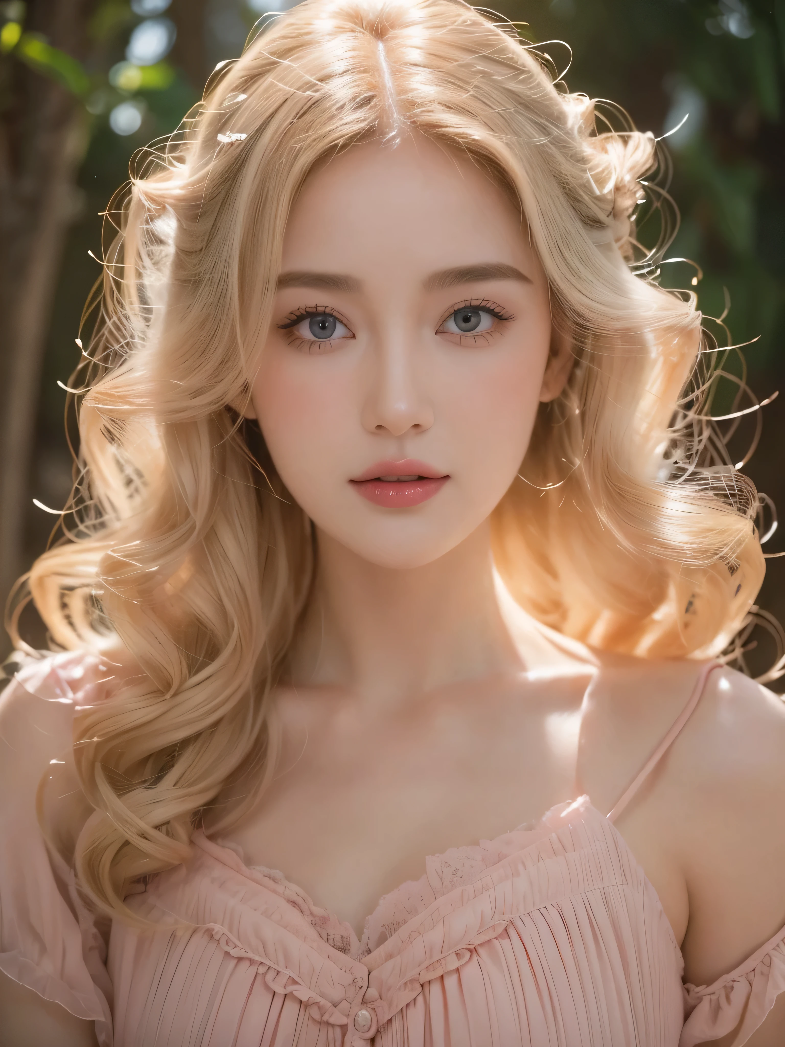 (close up of a beautiful 28 year old girl in a light pink vintage dress), movie stock photos, camera f1. 6, saturated colors, Vibrant, lifelike textures, Impressive classic lighting, Modern style, sexy full body photo, Evening, Curly hair has just been dyed light blonde