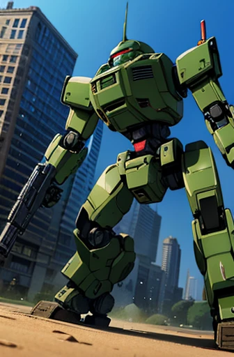 meca,roboT,droid,holding_assault rifle,giant,city,masterpiece,best quality,super detailed,super fine illustration,battle scene,ARMORED CORE,green color,Cannon,dynamic angle,Heavy equipment,