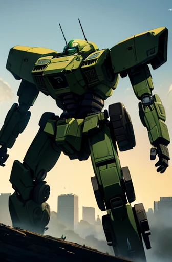 meca,roboT,droid,holding_assault rifle,giant,city,masterpiece,best quality,super detailed,super fine illustration,battle scene,ARMORED CORE,green color,Cannon,dynamic angle,Heavy equipment,