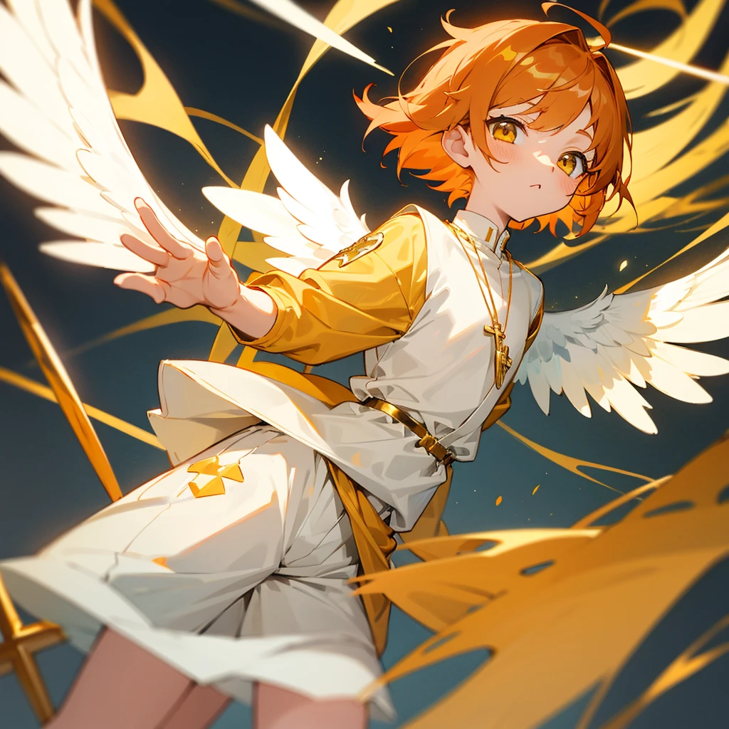 Chibi, anime boy, boy, 3 years ge hair, yellow eyes, white angel wings, golden halo, angel, small, cute, short hair, angel boy, small
I wear white tunic with gold trim, matching shorts with an elastic waistband, gold cross necklace, golden socks white sneakers with gold accents. I have short ginger hair with white skin and golden eyes. I wore a small wing hairpin in my hair