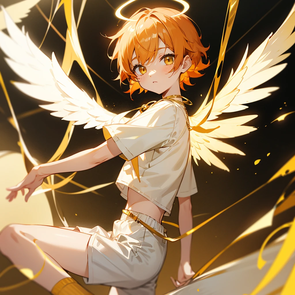 Chibi, anime boy, boy, 3 years ge hair, yellow eyes, white angel wings, golden halo, angel, small, cute, short hair, angel boy, small
I wear white tunic with gold trim, matching shorts with an elastic waistband, gold cross necklace, golden socks white sneakers with gold accents. I have short ginger hair with white skin and golden eyes. I wore a small wing hairpin in my hair