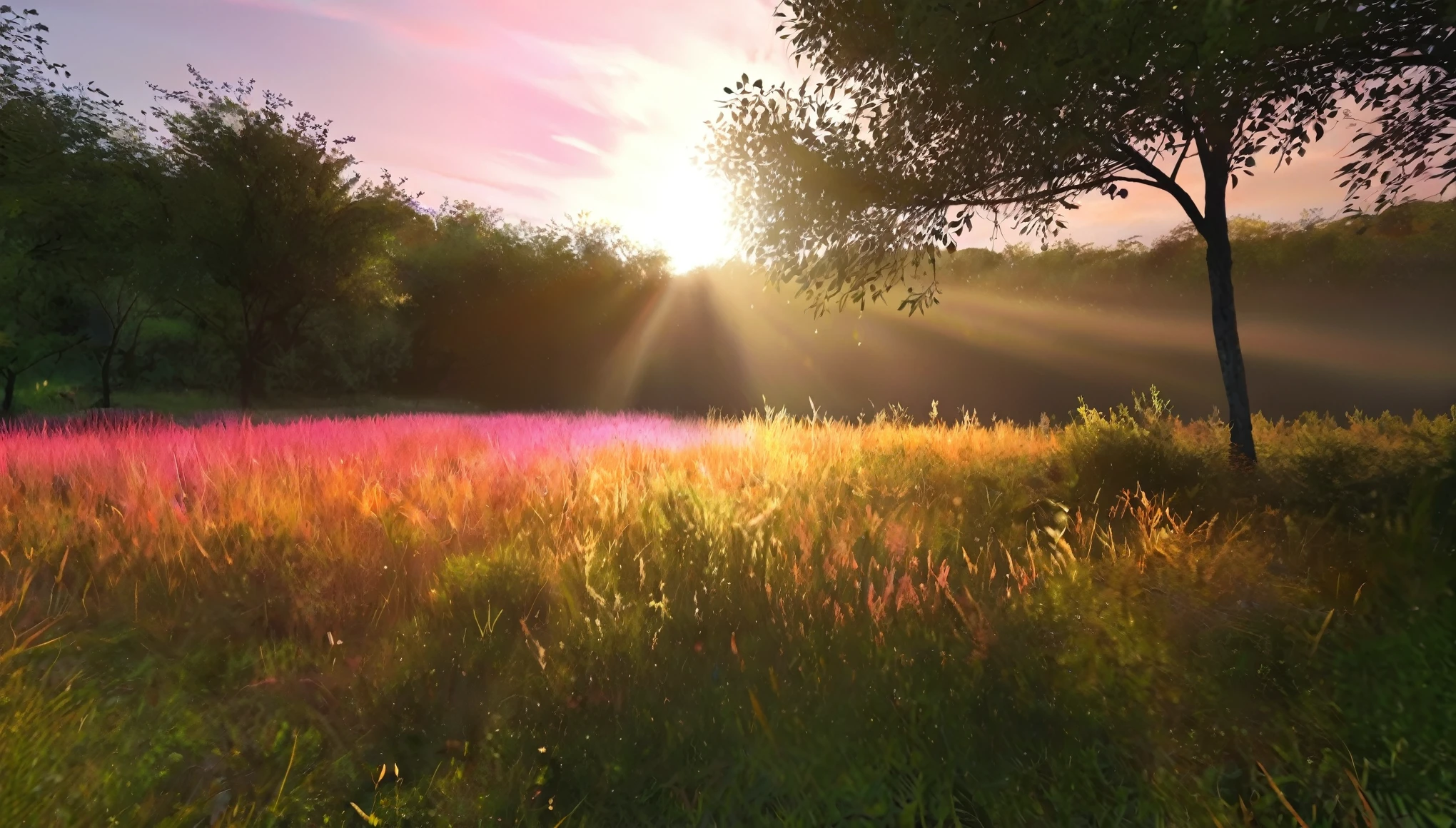 Hyper-realistic cinematic photographic patterns, realistic photo, lighting and ultra-detailed image. the evening, with the sun setting over the horizon. The sky in shades of orange and pink, lush vegetation growing on the earth Shades of orange, pink, green and brown. Sun positioned on the left, vegetation covering the ground, colorful sky filling the background. Atmosphere of serenity and hope.image ratio 16:09, 4K resolution.