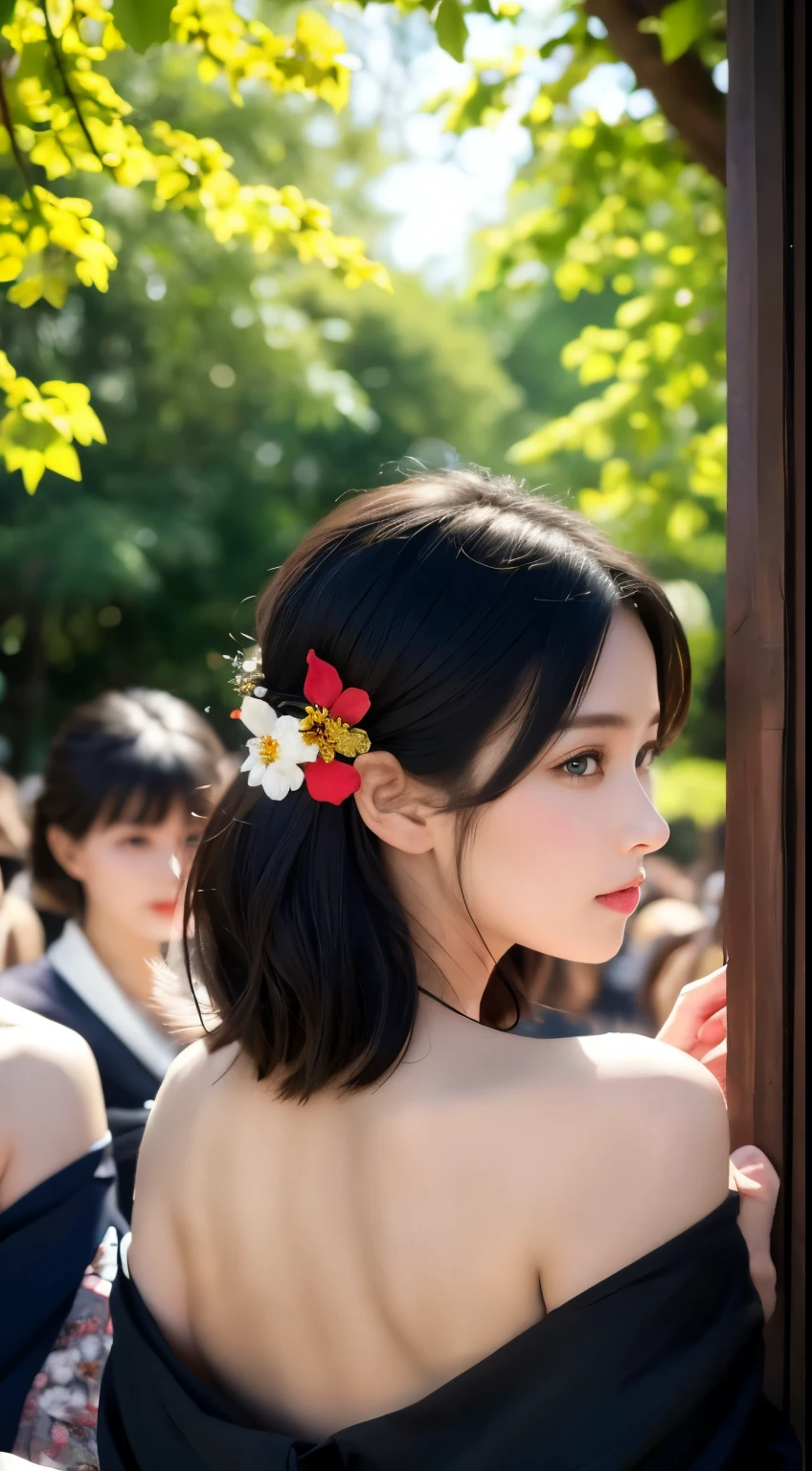 masterpiece, Highest quality, Highest quality, Official Art, beautifully、beautiful:1.2),1 girl, alone, kimono, red and black kimono, hair ornaments, unsheathing, Black Hair, sheath, blue eyes, Off the shoulder, Expose your shoulders, look back, From behind, flower, Looking at the audience, Holding, Makeup, Outdoor,