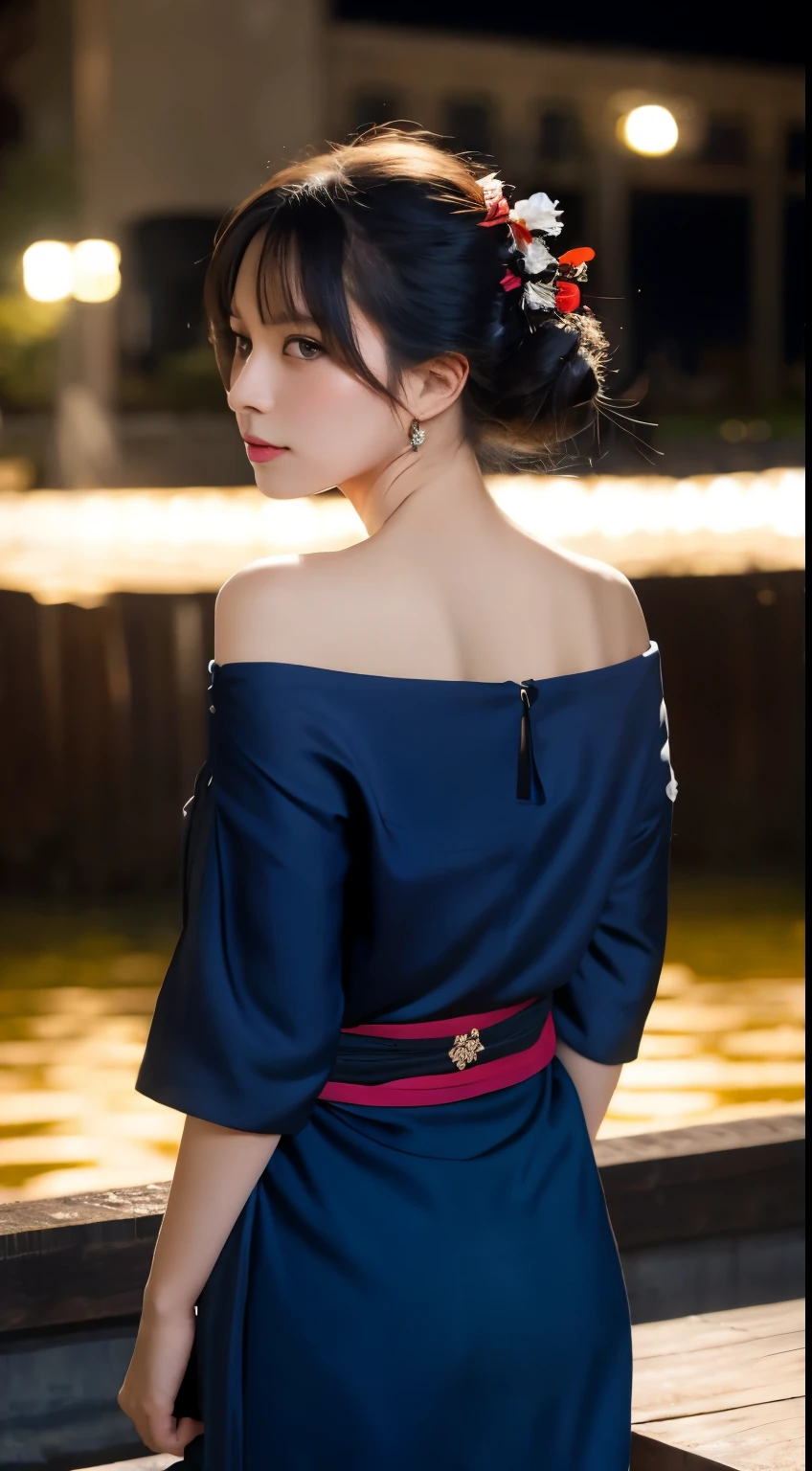 masterpiece, Highest quality, Highest quality, Official Art, beautifully、beautiful:1.2),1 girl, alone, kimono, red and black kimono, hair ornaments, unsheathing, Black Hair, sheath, blue eyes, Off the shoulder, Expose your shoulders, look back, From behind, flower, Looking at the audience, Holding, Makeup, Outdoor,