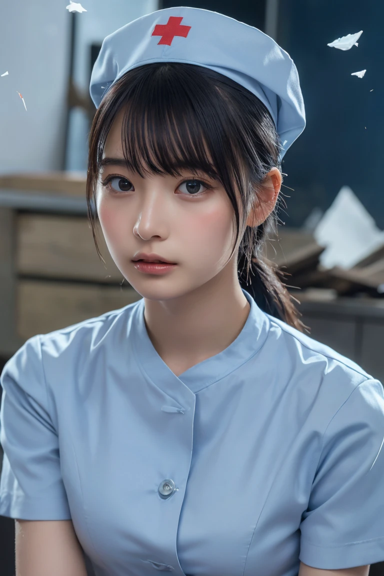 ((Highest quality, 8k, Flying debris: 1.3)), beauty, Japanese Girls, nurse, whole body, Perfect Anatomy, Are standing, Black Hair, Blunt bangs, Down ponytail, 20-year-old, Face Focus, Detailed face, Highly detailed lips, Beautiful Eyes, Sweaty skin: 1.2, nurse uniform, Light blue dress, nurse cap