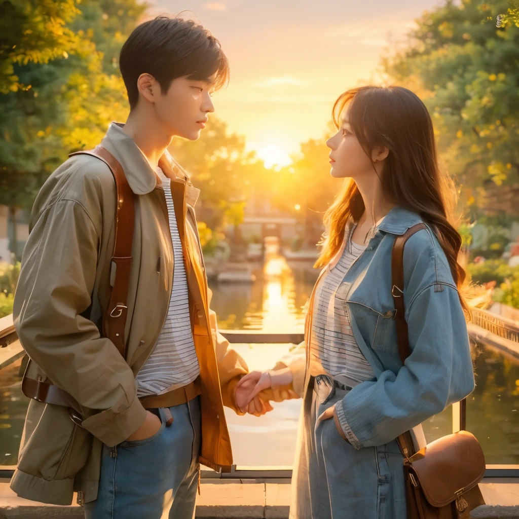 ((Best quality, 8k, Masterpiece :1.3)), girl and boy, Korean, (couple), casual outfit, Ultra-detailed face, Detailed eyes, staring at each other, in the garden, sunset, romantic love, detailed face, realistic, perfect face and eyes