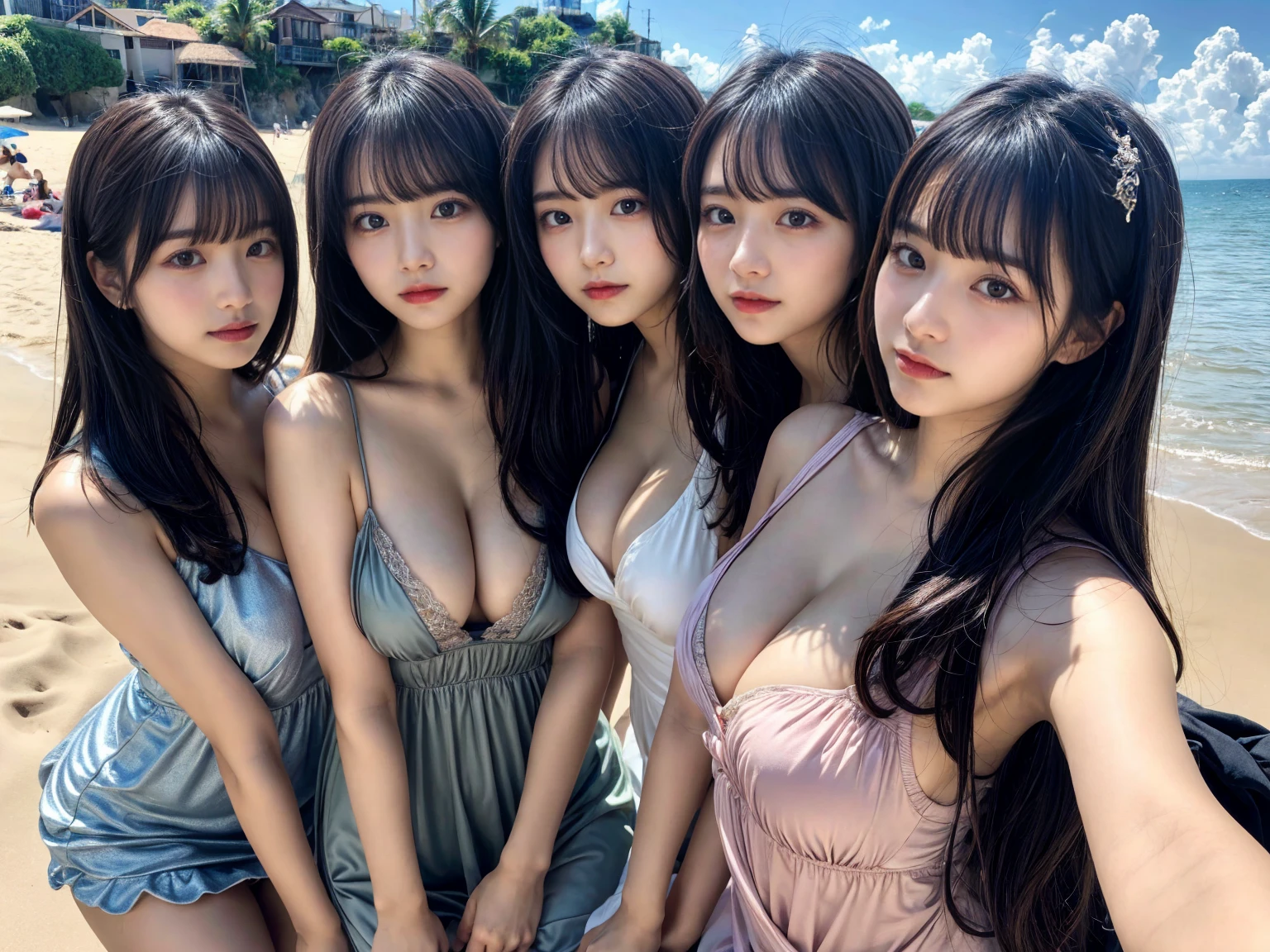 Mastepiece、highest quality、An illustration、Super fine、Fine、High resolution、8k wallpaper、Perfect dynamic composition、Beautiful detailed eyes、2girls, Wearing a sheer, thin dress、Natural color lip、Beach、Random and cute poses、Flowing bangs、large chest, Beauty Legs、 Voluptuous thighs, large hip,KPOP Idol Face、Perfect and beautiful face、cute
