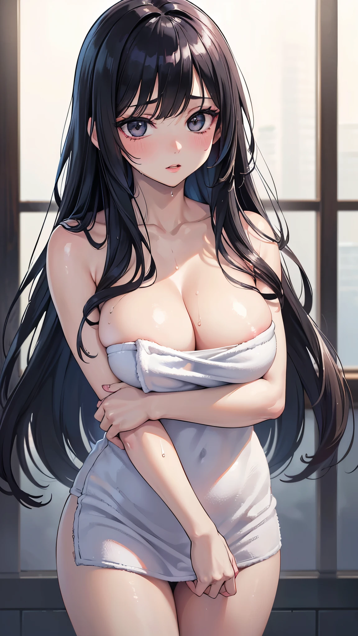 (masterpiece, 最high quality, 超High resolution, Very detailed), (Realistic:1.1, photoRealistic:1.4), Perfect illustration, Perfect lighting,Hair in perfect detail, Perfect and detailed face, Perfect collarbone, Perfect body,Juicy breasts, Perfect Thighs, Beautiful feet, View your viewers, 1 Girl,Perfect Face, (Perfect Anatomy, Anatomically correct), Symmetrical face、((Shiny Hair)),Sexy Body、(masterpiece),(最high quality:1.3),8k,Very clear,(Ultra-realistic),,Captivating woman,(high quality, High resolution, Fine details), Realisticなスタイルの女性,Juicy breasts、One perfect woman、Perfect Face、Symmetrical face、、((Large Breasts))、Breasts and cleavage、blush、((Juicy lips))、Cowboy Shot、((Wet straight long black hair、Wet long bangs))、((Large, double-set black eyes、Long eyelashes))、((Red makeup))、(((Wrap a fluffy towel around your body)))、((Wet towel))、(indoor、shower room)