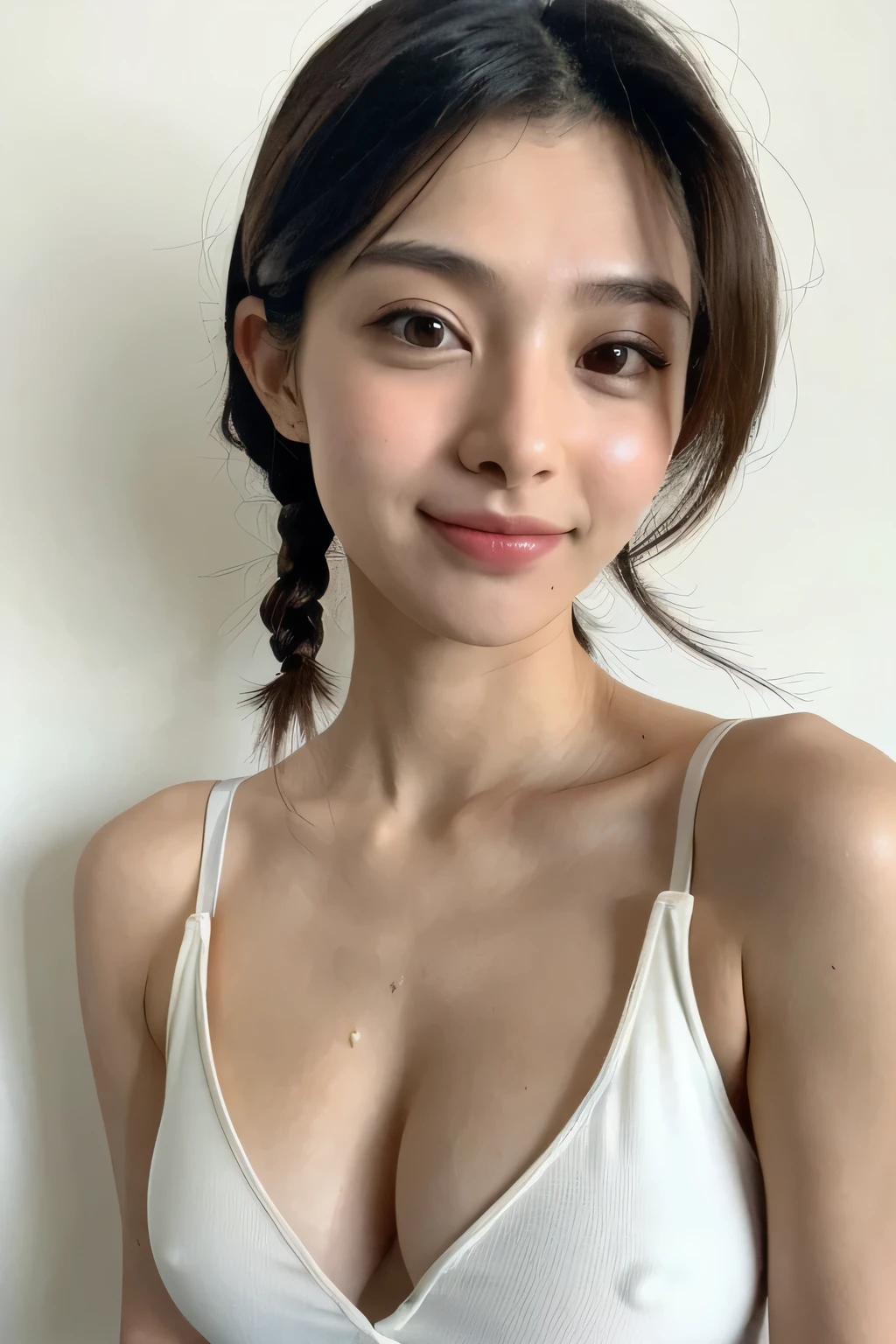 ((Highest quality, 8k, masterpiece: 1.3)), sharp: 1.2, Perfect Body Beauty: 1.6, ((Layered Hairstyles, Small breasts: 1.0)), (((An angle that shows off her long, white legs))), (((Hair tied up at the back of the head))), ((Nipple swelling)), ((Transparent U-neck sleeveless shirt)), ((necklace)), Earrings, ring, Bracelet, Hair Accessories, ((Beautiful young woman in her 20s)), ((Straight nose)), (Eyeliner), Armpit Hair, Bristles, ((Beautiful Skin)), Wavy Hair, Beautiful attention to detail, Super detailed, Highly detailed face and skin texture, fine grain, double eyelid, Black Hair, Big Ass, Lower Body, Thighs, (((Skinny))), Wet and shiny lips, smile, Get a grip on your body, ((Anatomically correct human body)), ((Crisp body shape)), Ribs, clavicle, Protruding skeleton, A face without nasolabial folds, Shyness, Thin eyebrows, Big eyes